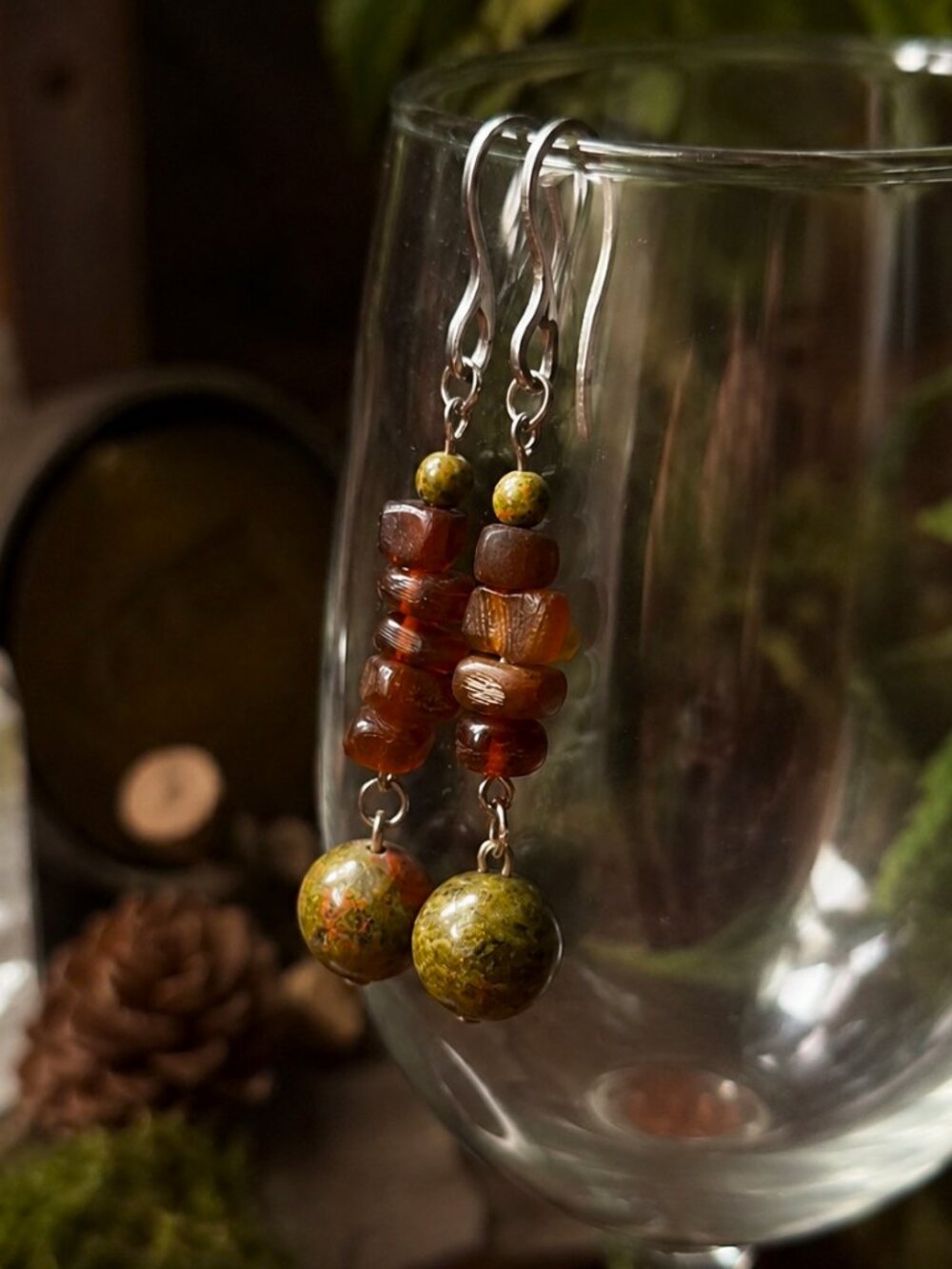 Earthy Boho Gemstone Earrings, Unakite & Sea Glass Earrings, Rustic Western